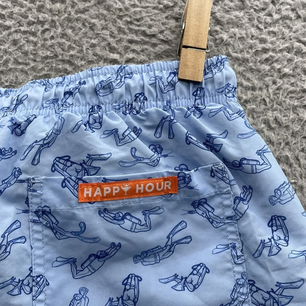 Happy Hour Swim Shorts Men Large Blue Scuba Diver Board Trunks Beach Preppy Surf
